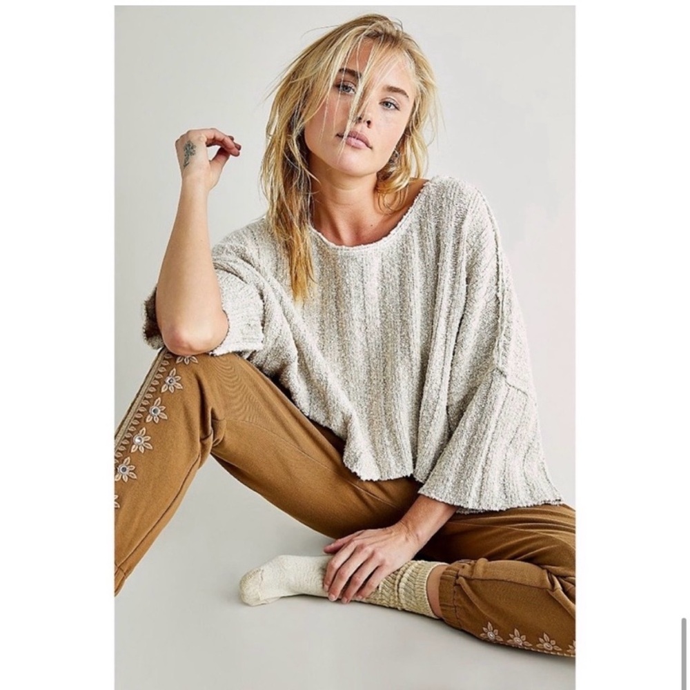 FREE PEOPLE Good Day Pullover Sweater Short Sleeve Beige XS - Picture 4 of 11